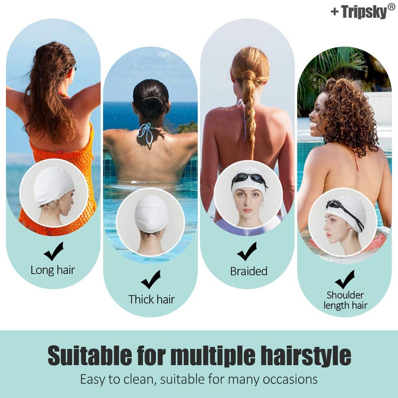 Tripsky Silicone Swim Cap,Comfortable Bathing Cap Ideal for Curly Short Medium Long Hair, Swimming Cap for Women and Men, Shower Caps Keep Hairstyle Unchanged (White) - Image 3